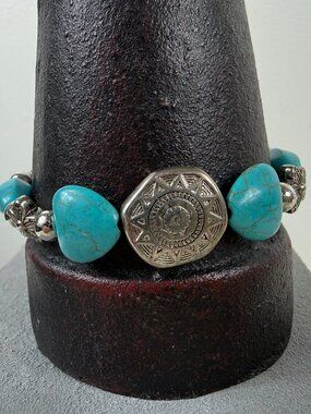 Genuine Turquoise Stone Bracelet Bijoux By Merra Silver Tone 7-9.5"